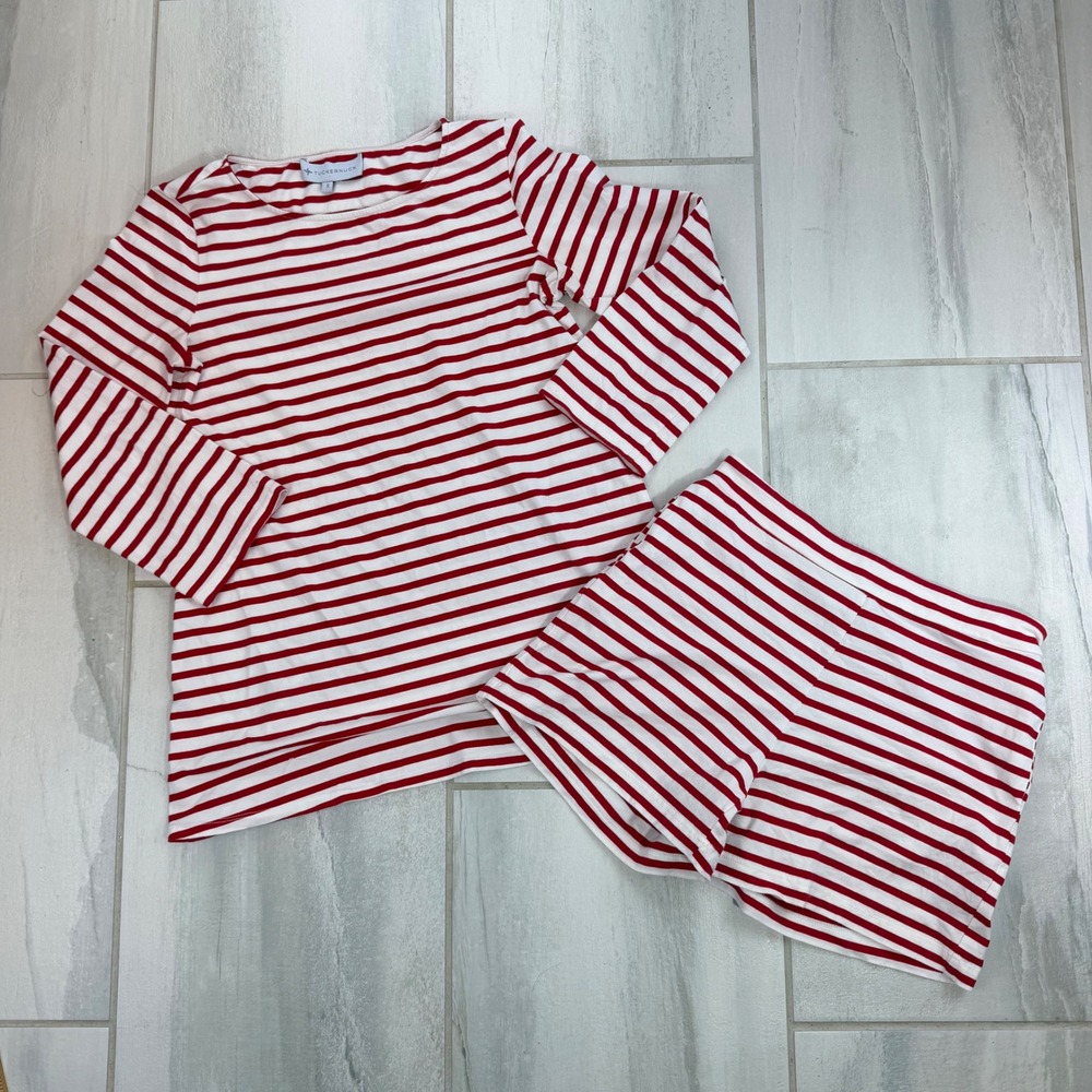 Tuckernuck Red Ivory Stripe Cotton Knit Matching Set Long Sleeve Top Shorts S